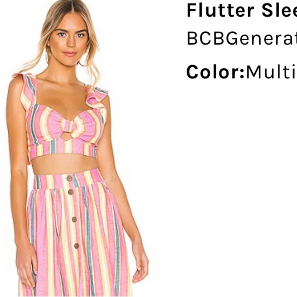 NWOT Button Front MIDI Skirt + Flutter Sleeve Crop Top in Multi